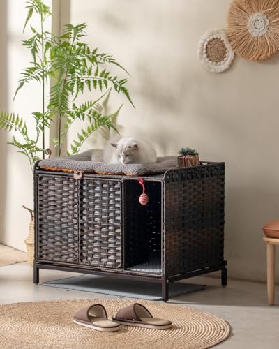 SETVSON Cat Litter Box Enclosure Furniture with Divider, Cat Cabinet, Brown | Handwoven PE Rattan with Soft Litter Mat, 3.54-In Heightened Metal Feet, Spacious & Comfortable, 31.2 x 19.6 x 24.2 In - color: Brown