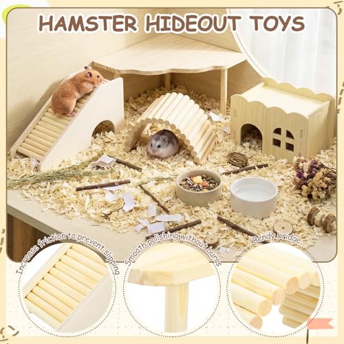 BreezeHug 4 Pcs Hamster Cage Accessories Hamster Platform Hideout Wooden Tunnel Ladder Playhouse Game Climbing Toy with Platform for Pets Dwarf Syrian Mice Degus Gerbils Squirrel(Wave) - style: Wave