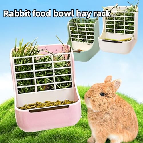 Rabbit Hay Feeder Guinea Pig Feeder, 2 in 1 Automatic Small Animal Food Bowl Feeding Cage Accessories 5.91''L x 6.69''W x 7.09''H (Pink) - color: Pink