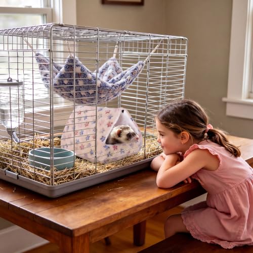 MCEAST 4 Pieces Small Pets Cage Accessories Hanging Hammock Sleeping Bag Tunnel and Bed Hideout Set Warm Sleep Nap Sack Bed for Hamster Ferret Squirrel Rabbit, Light Brown and Gray Stars - style: Brown+Gray Stars