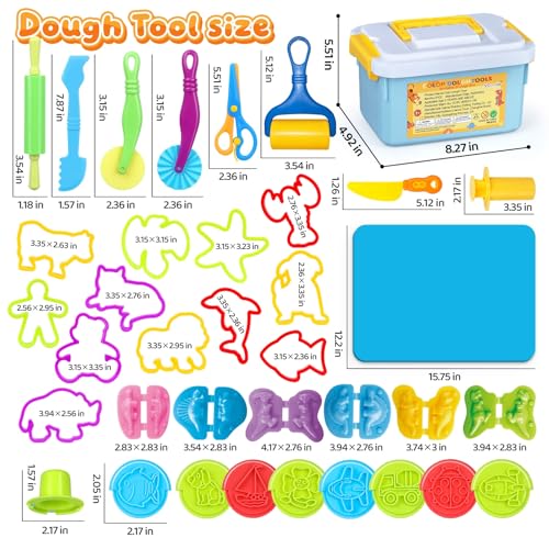 VConejo Dough Tools Play Sets for Kids, 37pcs Clay and Dough Accessories with Storage Container, Mat, Cutters, Rolling Pins, Safety Scissors, Stamps, Animal and 3D Dino Makers for Boys Girls