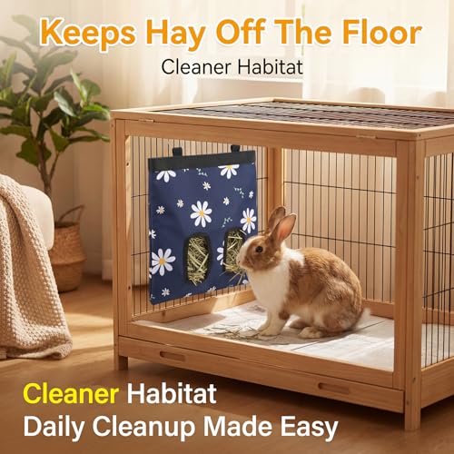 Ondware Hay Feeder Bag for Rabbits & Guinea Pigs, Hanging Dual-Port, Blue | 600D Oxford Fabric, Washable, Collapsible, Helps Reduce Hay Waste, Keeps Cages Tidier