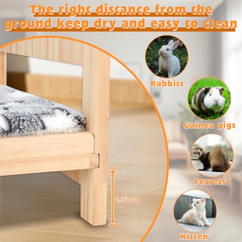 BWOGUE Large Wooden Rabbit Bed, Bunny Bed with Removable Cushion, 2-in-1 | Bunny Wooden Bed, Wooden Bed for Rabbits, 20.5 x 14.3 in, Folding Frame, Raised Resting Spot, Guinea Pigs, Kittens, Rabbits - size: 20.6''×14.7''×3.7''