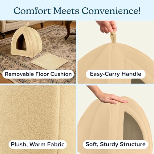 Cat House - Indoor Bed with Removable Foam Cushion - Pet Tent for Puppies, Rabbits, Guinea Pigs, Hedgehogs, and Other Small Animals by PETMAKER (Tan) | Plush Cat Tent Bed for Small Kittens, Rabbits, Guinea Pigs, and Other Small Animals, Comfortable Cozy P