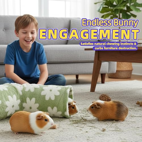 Bunny Tunnels & Tubes Collapsible 3 Way Rabbit Hideout with 13pcs Toys for Bunny Guinea Pig Hamster Chinchilla Hedgehog Rat Ferret Kitten (Flannel Flower) - color: Flannel Flower