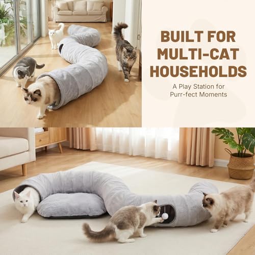 Extra Large Cat Tunnel, 47.2in Multi-Cat Family Big Cat Tunnel for Cats | Long Cat Tunnel Bed with Washable Plush Mat, XXL Pet Play Tunnel Toy for Cats, Puppy, Rabbits Grey - color: Grey, size: Large