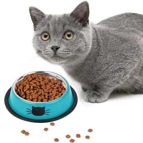 SUOXU Cat Bowls,Stainless Steel Cat Water Food Bowl,Puppy Feeding Bowl,Set of 3 Shallow Pet Bowl Rubber Base Non Slip Small Dogs Feeder Bowls - color: Blue/purple/green