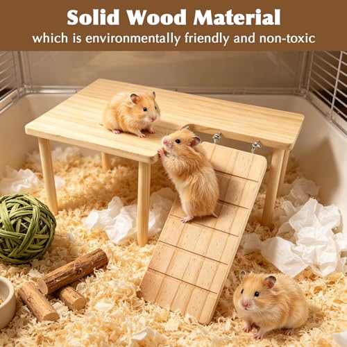 Wooden Hamster Platform for Cage, Durable Climbing Perch Chew Toy for Hamsters Gerbils Mice Degus