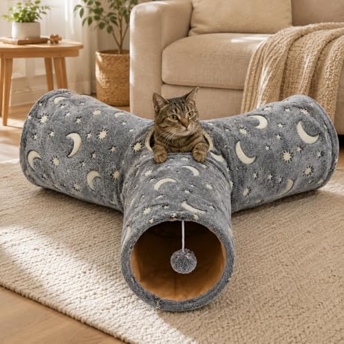 Cat Tube Tunnel with Plush Ball Toys Collapsible Self-Luminous, for Cat Small Pets Bunny Rabbits, Kittens, Ferrets,Puppy and Dogs Grey Moon Star 3 Way - size: 3 Way