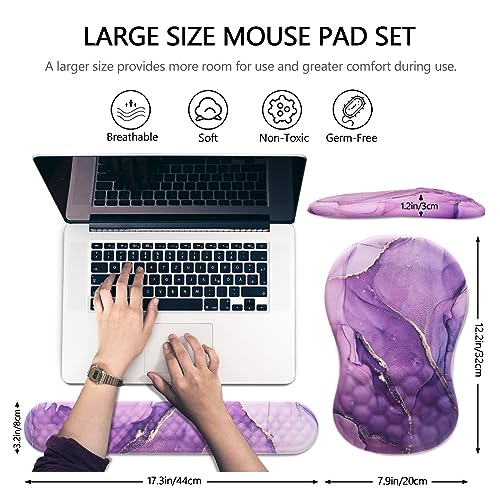 Ergonomic Mouse Pad with Wrist Support and Keyboard Wrist Rest Set | Memory Foam Wrist Cushion, Non-Slip PU Base, Massage Design, Relieves Wrist Pressure for Work, Gaming & Office Use - color: Amethyst Purple Marble