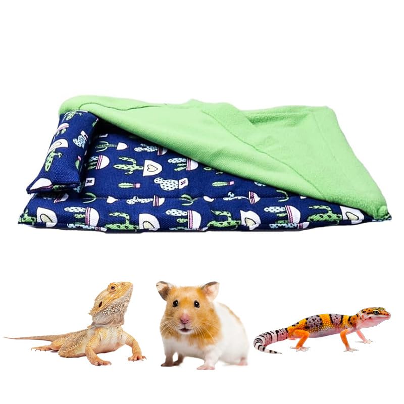 Bearded Dragon Hammock Sleeping Bag Set- Hanging Pet Bed with Pillow and Blanket Hideout Habitat with Soft Warm for Bearded Dragon Lizard Leopard Gecko and Small Pet Animal（Blue + Green Quilt） - color: Blue + Green Quilt
