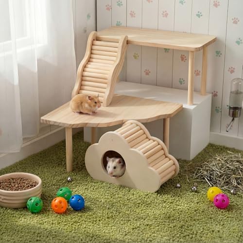 BreezeHug 4 Pcs Hamster Cage Accessories Hamster Platform Hideout Wooden Tunnel Ladder Playhouse Game Climbing Toy with Platform for Pets Dwarf Syrian Mice Degus Gerbils Squirrel(Cloud) - style: Cloud