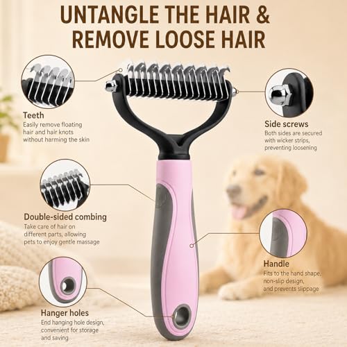 2Pcs Pet Grooming Brush, Pet Knotter Dog Grooming, Deshedding Dog Brush Removes Tangles Knots and Loose Fur, Pets Knotting Comb, Pe t Pro Double Sided Shedding Brush (Blue+Pink)