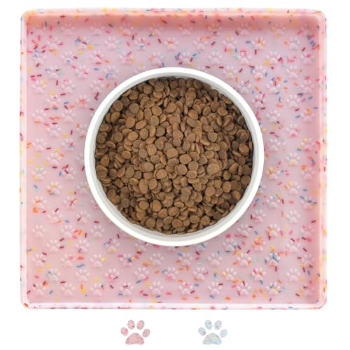 Ptlom Dog Food Mat Anti-Slip Dog Bowl Mats for Food and Water, Waterproof Pet Placemat Prevents Messy Spill to Floor, Silicone Puppy Feeding Tray for Small, Medium and Large Dogs Cats, Pink - color: Donut-Pink, size: 11.8"L x 11.8"W
