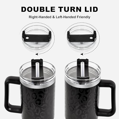 40 oz Tumbler with Handle and Straw, 100% Leak-Proof Travel Mug, Stainless Steel Double Wall Vacuum Insulated Coffee Cup Keeps Cold For 34 Hours, Full Black Leopard - color: Full Black Leopard