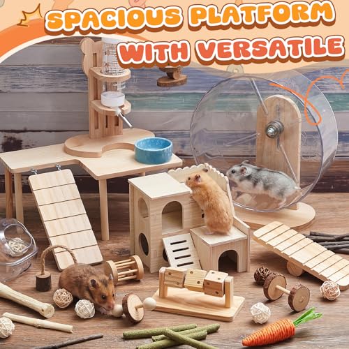 40 Pcs Hamster Cage Accessories, 9.5'' Exercise Wheel, Wood Platform Hideout House, Water Bottle, Sand Bath, Bowl, Chew Toys for Syrian Hamsters Mice Gerbils Habitat Decor(Interactive Style) - style: Interactive style