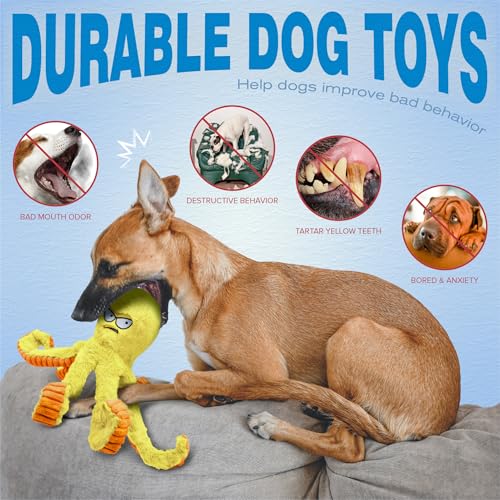 LEGEND SANDY Tough Dog Toys, Squeaky Large Dog Toy, Stuffed Puppy Chew Toys | Soft Fabric, Interactive Daily Companionship, Tug of War Doggie Toy, Training Reward, Crinkle Yellow Octopus - color: Yellow Octopus