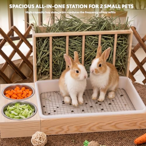 3-in-1 Rabbit Litter Box with Hay Feeder, Wooden Bunny Feeding Station | chew-resistant solid wood，deep litter box，Easy to Clean，for Guinea Pigs, Chinchillas, Hamsters, Ferret and Other Small Animal