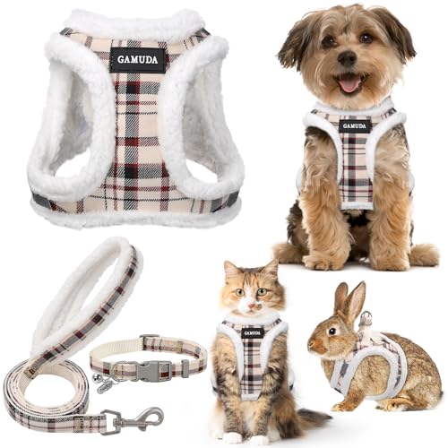 GAMUDA Small Dog Harness Collar and Leash Set, Step in No Chock No Pull Soft Mesh Adjustable Dog Vest Harnesses Plaid Reflective for Dogs Puppy Cats Kitten Rabbit (Warm Beige, XS) - color: Warm Beige, size: XS