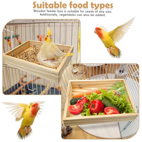 BNOSDM Wooden Bird Feeder for Cage Natural Wood Bird Foraging Box Food Dish for Small to Medium Birds Parrot Feeding Cups for Cockatiel, Lovebird, Parakeet, Budgies (Small) - size: S:7.87 x 5.9 x 1.6in