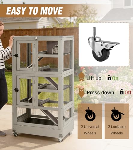Ferret Cage Large, 5-Level Chinchilla Cage with Anti-Chewing Aluminum Frame, 55.2” Rat Hutch with Easy-Clean Deep Tray, Lockable Wheels, for Indoor & Outdoor - size: 27.6” x 20“ x 55.2“