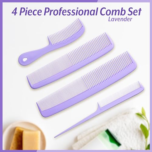 Mars Wellness 4 Piece Professional Lavender Comb Set for Women -USA MADE | Rat tail, dresser & styling combs for teasing, parting, backcombing & sectioning. Premium grade, barber quality, Lavender - color: Lavender, size: 4 Piece Set