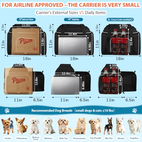 Top and Side Expandable Small Pet Carrier Airline Approved, Black | 18"Lx11"Wx11"H, for Delta/United/American Airlines, Pets Under 10 Lbs, Lockable Zippers,Soft-Sided, Anti-Scratch Mesh - color: Black, size: 18.0"L x 11.0"W x 11.0"H