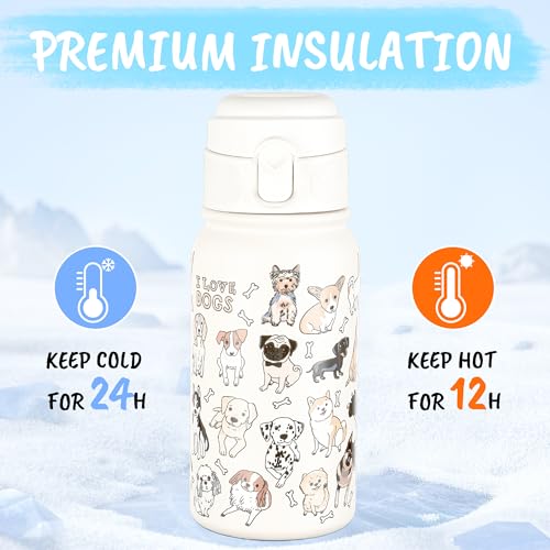 GOPPUS Kids Insulated Water Bottle 12oz, Leakproof Stainless Steel Thermos, BPA Free Double Wall Vacuum Insulated Bottle for School, Travel, Sports & Outdoor Activities, Boys Girls - color: White dog