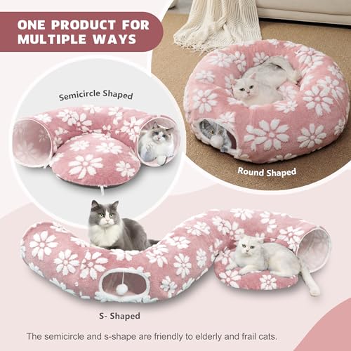 Cute Round Cat Tunnel for Indoor Cats, Pink | Peekaboo Cat Cave with Dangling Balls, Pet Donut Tunnel Bed with Circle Mat for Puppy Kitten Rabbit - color: Pink Flower, size: Round
