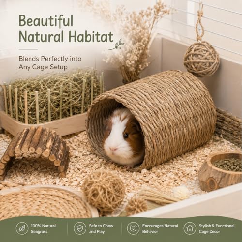 PEMAR Natural Seagrass Bunny Tunnel - Handwoven Rabbit Hideaway & Edible Grass House - Safe Chew Toy, Bed for Guinea Pigs, Chinchillas, Rats & Indoor Bunnies - Small Animal Enrichment (9x8.3x6.3”)
