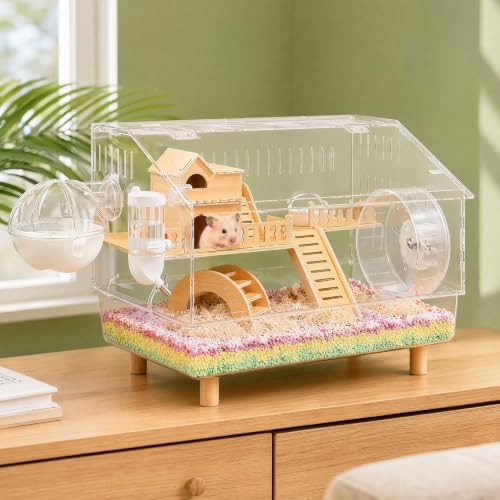 8-in-1 Small Acrylic Hamster Cage, 2-Tier Top Open with All Accessories | Clear 360 Viewing,18.5"x11.8"x14.6",Fits Dwarf Hamsters,Gerbils & Mice,Detachable Tray, Three-sided Ventilation.