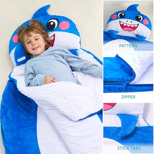JOIEDOMI Kids Sleeping Bag 4 5 6 Year Old Girl Gifts Toddler Nap Mat with Pillow & Blanket 60" x 39" for Kids Ages 3+ Soft Plush Sleeping Mat for Preschool and Boys Girls - color: Blue Shark