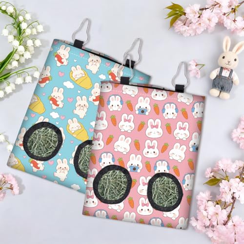 2Pcs 2 Styles Hanging Rabbit Hay Feeder Bag 11.6 x 9.1 Inch Bunny Hay Feeder Pink Blue Cute Cartoon Design Cloth Washable Feeding Holders with 2 Holes for Guinea Pig Chinchillas Hamsters - color: Rabbit