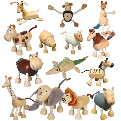 14 Pack Bendable Wooden Animal Toys, Smooth Natural Wood Zoo Farm Jungle Safari Animals Figures - color: 14 Pack Animals