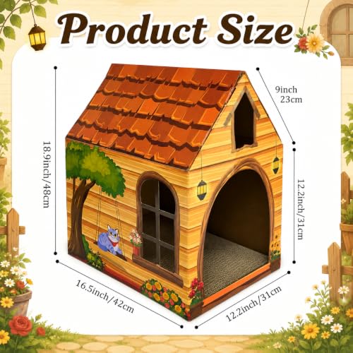 Cinrobiye Cardboard Cat House with Scratcher, Indoor Cat Condo Cat Cave Hideout with Scratch Pad, Cardboard Cat Playhouse Bed for Cats, Kittens, Rabbits & Small Pets (Brown2) - color: Brown2