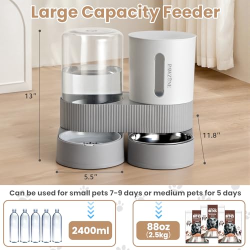 2 Pack Automatic Cat Feeder Stainless Steel Water Dispenser Gravity Food Feeder and Waterer Set with Pet Food Bowl for Small Medium Kitten Puppy Pets Large Capacity(Grey) - color: Grey
