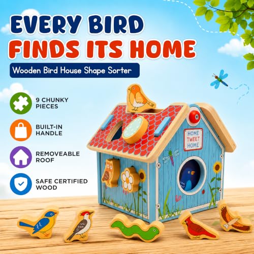 Jack Rabbit Creations Wooden Bird House Shape Sorter – Built-in Handle, Removable Roof – Non-Toxic, Certified Wood – Fine Motor Toddler Toy, Birthday Gift, Ages 18+ Months