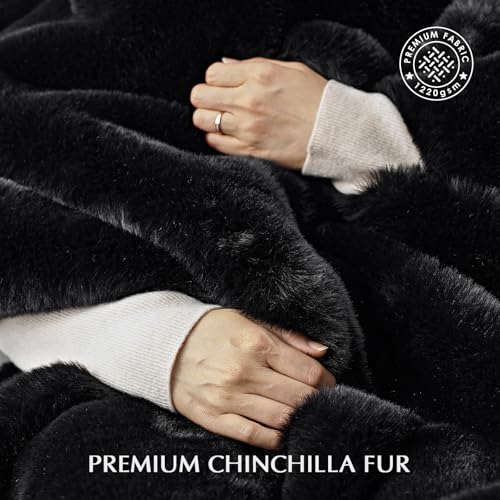 EVERGRACEHOME Faux Chinchilla Fur Throw Blanket, 50"x60", Black Noir Mink | Luxury, Super Soft, 1220GSM, Fluffy Cozy Mink, Reversible Velvet Back, Warm Thick Heavy Winter Throw for Couch Bed, Gift - color: Black Noir Mink, size: 50"x60"