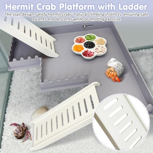 Hermit Crab Climbing Platform L-Shaped & M-Shaped Hermit Crab Climbing Toys with Ladder and Food Dish Habitat Tank Accessories for Reptiles Hamsters Geckos Small Lizards (Gray)