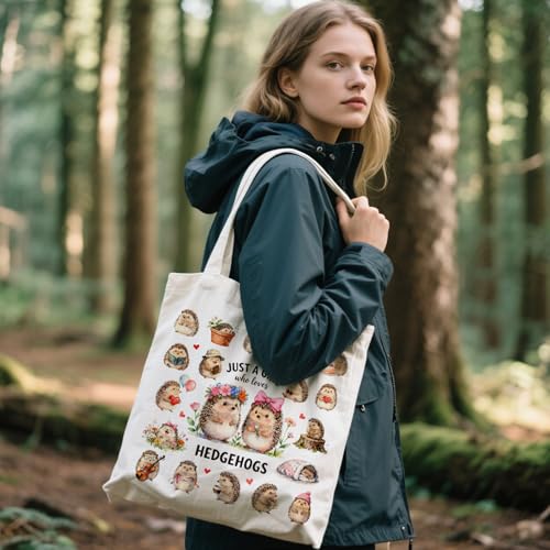 ANATTASOUL Canvas Tote Bag Reusable Cotton Bag for Women, Large 14.96"x 15.74" Cloth Shoulder Bags with Zipper Pockets - style: Hedgehog and Flowers