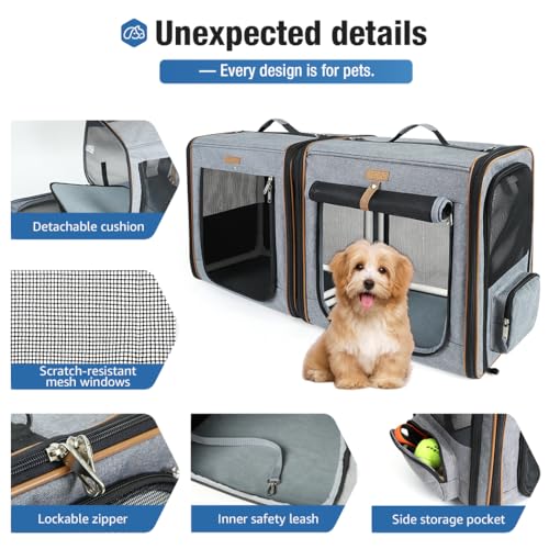 Lekereise Large Cat Carrier for 2 Cats, 2-in-1 Cat Travel Carrier with Litter Box, (17.7" x2) x16.5"x13" Pet Carrier with Zipper Locks for Moving Across The Country (No Hammock) - Grey - color: Grey