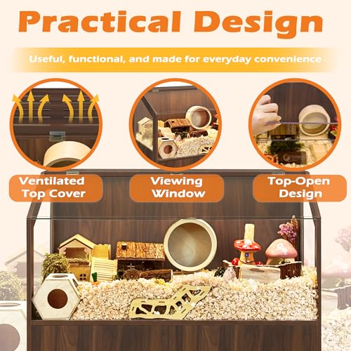 PROLEE Hamster Cage with Storage Cabinet,Large Hamster Encloure Chew Proof Wood,Clear View Hamster Habitat for Guinea Pig, Ferret, Rat, Hedgehog，47“ X 40” X 20“ (Walnut) - color: Walnut