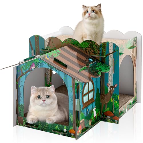Lineshading 2 Story Cardboard Cat House with Scratcher Pad, Multi Level Durable Cat Scratcher House for Small Kitten Bunny Rabbit Animals Christmas Birthday Gift(17x12x10,Forest) - style: Forest
