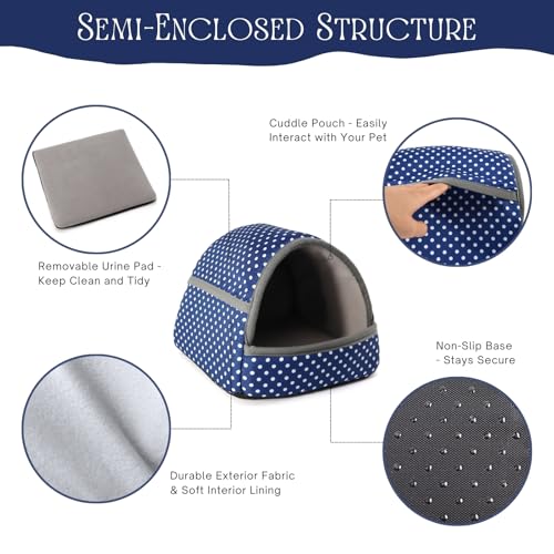 Guinea Pig Hideout with Cuddle Pouch - Washable Dwarf Rabbit Bed, Durable Fabric with Soft Lining - Small Animal Cage Accessories - Blue Dot - color: Blue