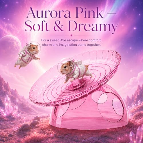 Silent Hamster Wheel with Hamster Hideout, Quiet Flying Saucer Exercise Wheel for Dwarf Hamsters, Stable Running Wheel, Small Animal Cage Accessory, Easy to Clean (Pink) | 2-in-1 flying saucer wheel with hideout, quiet spin, wide track, clear body, stable