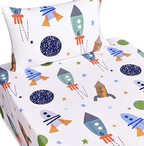 Scientific Sleep Outer Space Airship Rocket Star Explore Teen Boys Girls Cotton Cotton Twin Bed Sheet Set, Flat Sheet & Fitted Sheet & Pillowcase Bedding Set (Space, Twin) - color: Space, size: Twin