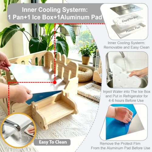 Wooden Rabbit Bed Cooling Guinea pig Bed with Aluminum Pad(Wood Color) | Guinea Pig Hideout with Ice box Bunny Bed Four Season Guinea Pig Hide Tent Solid Wood Chinchilla Cooling House for Hedgehog - color: Wood color