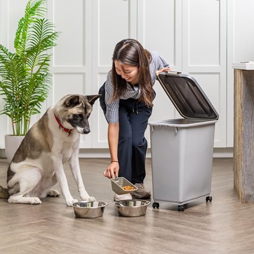 IRIS USA Dog Food Storage Container, Up to 40 lbs, Gray/Dark Gray | Made in USA, Comes with Wheels & 2-Cup Scoop, Airtight Seal, BPA-Free, Bird Seed, Cat food, Cat Litter, Treats, Pellets - color: Gray/Dark Gray, size: 40 lbs