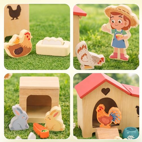 HAPGFS Wooden Dollhouse Animal Set - Realistic Mini Chicken Coop with Farmer Farm Playset - Educational Dollhouse Accessories Farm Toys for Toddlers - Montessori Pretend Play Gift for Kids Ages 3+