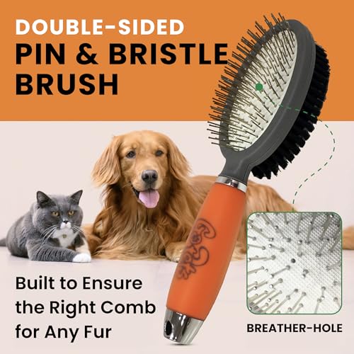 GoPets Double-Sided Pin & Bristle Brush, Grooming Tool for Dogs & Cats | Detangling, Shedding Control, Slicker Brush for Long-Haired Pets, Fur Removal for Healthy Coat, Ergonomic Handle - style: Double-Sided Pin & Bristle Brush